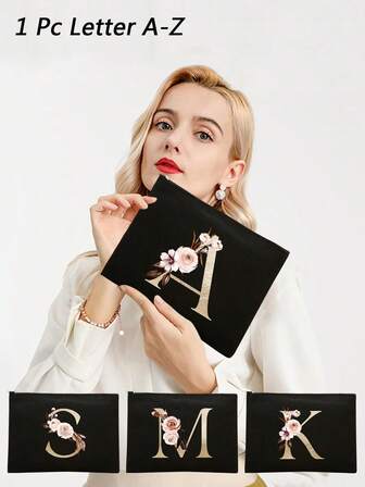 1 件简易收纳袋洗漱包帆布化妆包收纳袋拉链钱包多功能轻便便携日常通勤包旅行度假商务通勤学校办公室和郊游礼物送给朋友纯色帆布时尚字母花朵图案休闲化妆包学生男女朋友伴娘妈妈返校用品旅行配件旅行必需品夏季假期学校包女士旅行包旅行化妆包