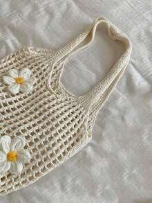 Yogodlns Knitted Tote Bag Woven Hobo Bag Large Capacity Fashion Tote Handbags With Flower Decor Casual Beach Bag Simple Summer Bag Women's Knitted Shoulder Bag Summer Handbag Ins Large Capacity Shopping Tote Bags Woven Hollow Mesh Beach Bags Cool Girl - Beige - View 4