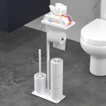 1 pezzo Portarotolo di carta igienica in ferro da appoggio con vassoio di stoccaggio e slot per telefono - montaggio autoadesivo, supporto antitippo per rotoli di carta igienica, accessori per il bagno, organizer per il bagno, di ritorno a scuola