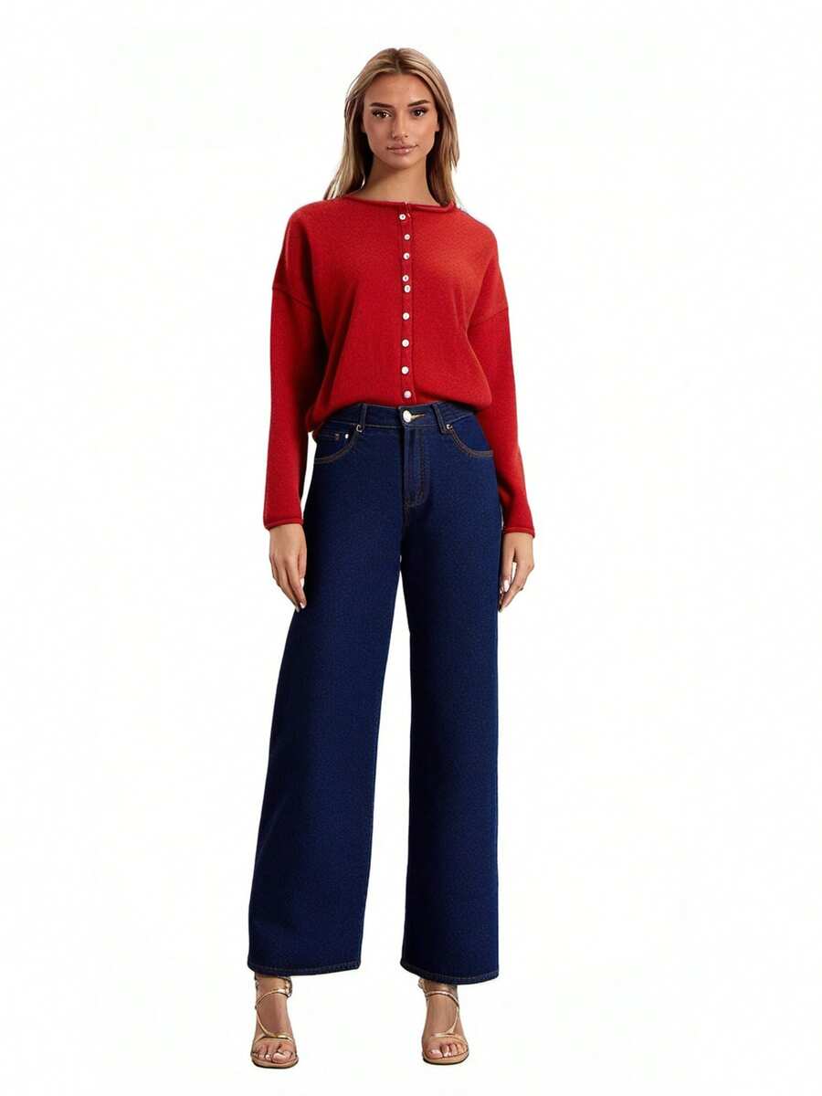 Women's Spring Sweater Cardigan Long Sleeve O Neck Button Up Solid Color Knitwear - Red - View 1