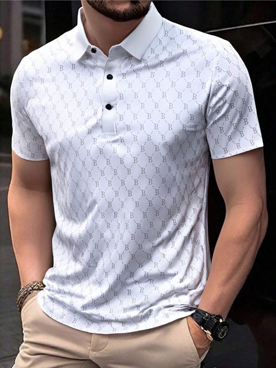 Men's Summer Breathable Ice Silk Polo Shirt, Skin-Friendly Fashion Collar T-Shirt Short Sleeve, Letter Print Business Style Top - White - View 1