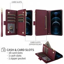 Luxury Wallet Fashion Double Button Small Fragrant Wind With Zipper Card Slot Photo Frame Kickstand Function Magnetism Flip PU Artificial Leather Case Compatible With Samsung Galaxy ForiPhone, Soft Silicone With Hand Strap Business Shockproof Protective Cover Waterproof Anti-Fall Scratch Resistant Full Cover - Burgundy - View 6
