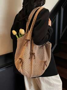 Yogodlns Bolso de hombro de punto casual y de ocio, bolso de mano bohemio y dulce con trenzado, bolso de mano de ganchillo calado con lazo grande, bolso tipo tote para vacaciones de verano para mujer, bolso hobo de unicolor y estético con gran capacidad, bolso de mano de punto grande para uso diario de señoras