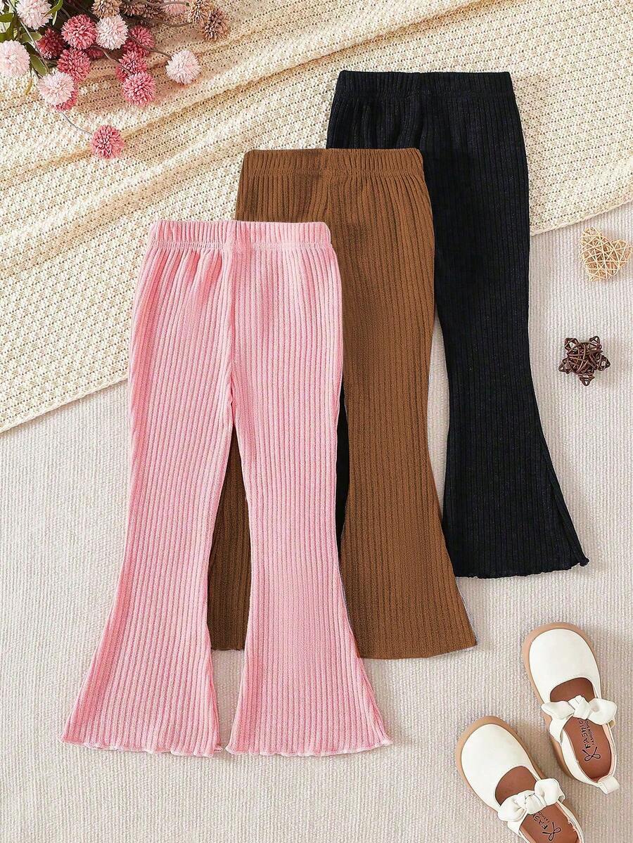 3pcs/Pack Girls Flared Pants Set, Casual Comfy Ribbed Knit, Sweet Cute Flared Pants, Suitable For Spring & Summer - Brown - View 1