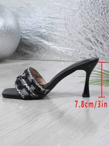 High-End French Style Glossy Stiletto Sandals, Color-Blocking Plaid & Sequins Embellished, Fashionable For Party, Comfortable & Elegant, Versatile Wear