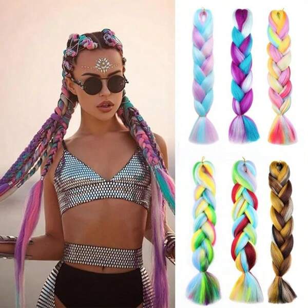 Extensiones de cabello de fibra arcoíris de colores, extensiones de cabello trenzado sintético teñido de 4 colores sedosos y coloridos