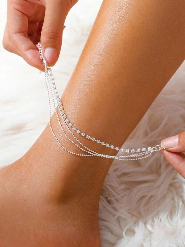 1pc Women Beach Holiday Multi-Layer Rhinestone Beaded Anklet, Fashionable Elegant Body Chain For Summer