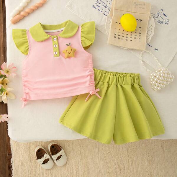 Conjunto de 2 piezas de ropa informal deportiva para niñas bebé, blusa con cuello polo y bloques de color en forma de estrella, y shorts, conjunto de verano lindo para vacaciones