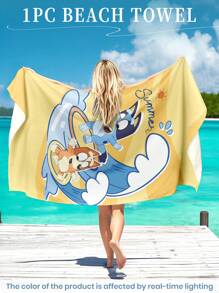 Bluey 1pc Bluey Beach Towel, Surfing And Bluey Pattern Swim Towel, Bath Towel, Fashion Style Beach Towel, Super Absorbent Bath Towel For Bathroom, Swimming, Fitness, Yoga, Soft And Comfortable Microfiber Towel, Lightweight And Portable, Wind And Sun Protection, Sandproof For Summer Travel, Vacation Holiday Bathroom Decor,Recommend Regular Sizes And Larger Sizes, (35*75cm Small Size Towel,150cm Or Above Recommended)