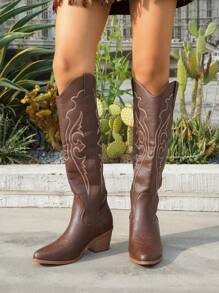 2025 Autumn/Winter New Women Plus Size Thick Heel Pointed Toe Embroidered Western Cowgirl Suede Leather Mid-Calf Boots, Outdoor Fashion Slip-On