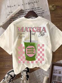 Women Casual Matcha Print Round Neck Short Sleeve T-Shirt, Summer