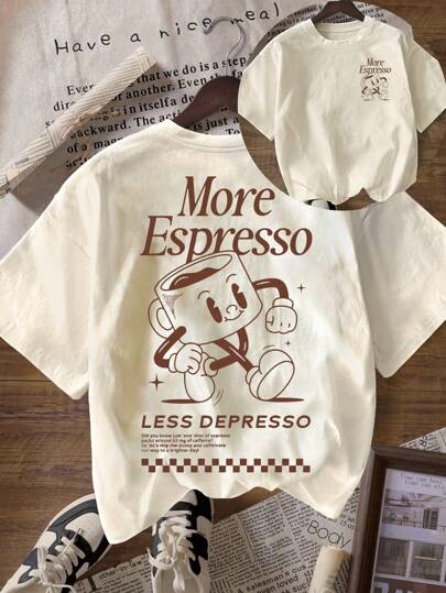 More Espresso Coffee Club Graphic Loose Round Neck Short Sleeve T-Shirt For Women, Casual Summer