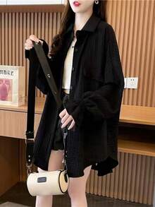 女式白色长袖轻薄宽松防晒开衫，夏季 - 黑色 - 查看 3