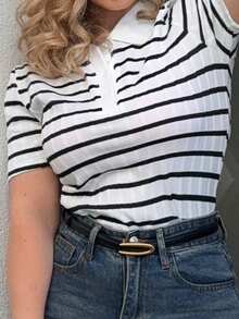 Jeta Ari 女式前扣短袖条纹休闲衬衫，日常穿着，经典黑白条纹短袖 Polo 衫，时尚女式黑白条纹 Polo 衫 - 黑與白 - 查看 6