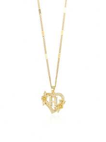 1件优雅锆石心形花朵字母吊坠项链，浪漫金色不锈钢链条字母项链，时尚饰品，圣诞礼物 - 字母 - 查看 30