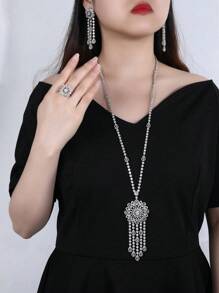 Set de 3 piezas de collar, aretes y pulsera minimalistas de longitud para suéter, con circonita cúbica plateada, adecuado para el uso en bodas y banquetes de mujer, en otoño/invierno