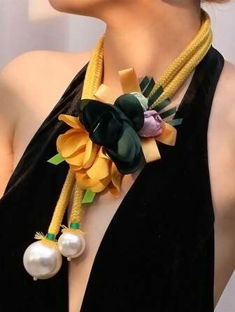 1pc Meraldo Exaggerated Big Flower Pendant Faux Pearl Sweater Chain Necklace, Elegant & Chic, Suitable For Daily Wear Valentines,Mom,Mother,Mother's Day,Gift