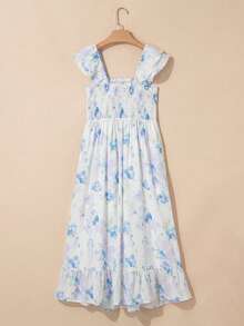 Acelitt 天蓝色印花方领收腰双层荷叶边下摆无袖长连衣裙，夏季 - 淺藍色 - 查看 5