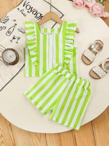 Set de 2 piezas de blusa sin mangas con botones a rayas y pantalones cortos a rayas para niñas, conjunto informal cómodo y de moda