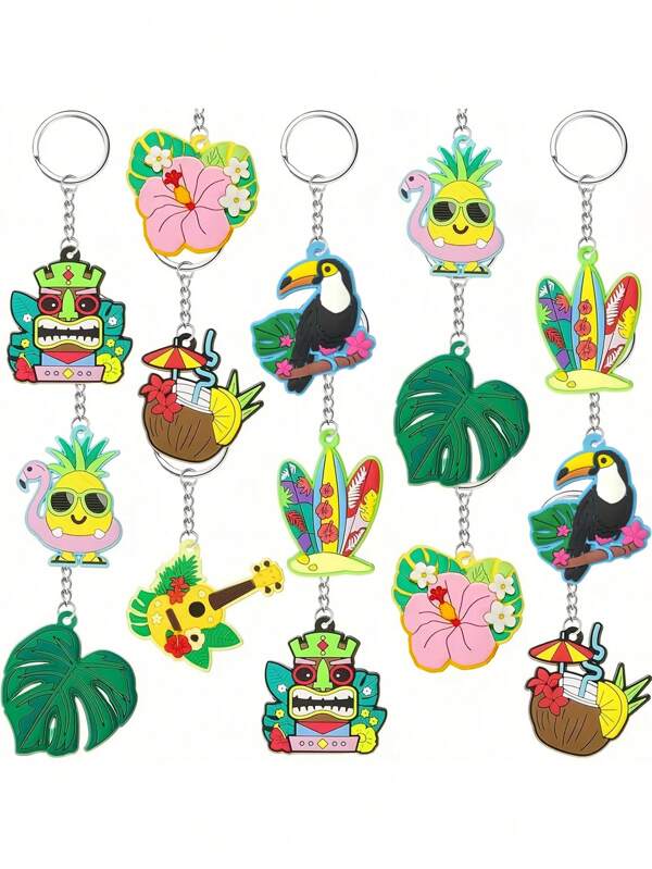4/8Pcs Hawaiian Party Key Ring Summer Flamingo Pineapple Tropical Surfboard Key Ring, Summer Beach Pool Party Gift Supplies Hawaii Summer Vacation