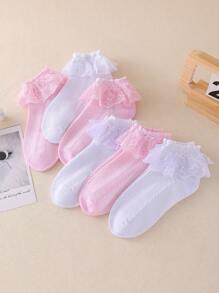 6 Pairs Children Lace Trim Mid-Calf Socks, Girls White Dance Socks, All Season