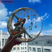 1 pezzo Ciondolo a forma di cappello da strega con luna in cristallo acrilico, decorazione per finestra in vetro colorato, opera d'arte da appendere alla parete, adatto per cortile, giardino, camera da letto, decorazione domestica, Ognissanti, feste, regalo di inaugurazione casa, 2D - Corda multicolore-oro - Visualizzare 5