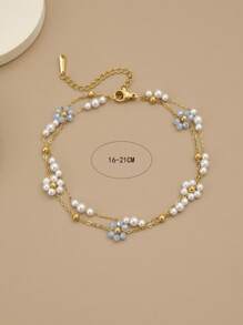 1 peça Pulseira/Tornozelo em Aço Inoxidável Luxuosa de Camada Dupla com Flores de Pérolas Falsas e Contas (Feita à Mão, A Quantidade de Flores de Pérolas e Contas Douradas Pode Variar, o Tamanho é Definitivo)
