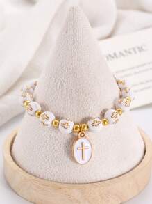 1 pieza Brazalete elástico con cruz bautismal de esmalte en blanco y dorado, estilo minimalista cristiano, accesorio de joyería de moda para hombres, regalo para uso diario, vacaciones