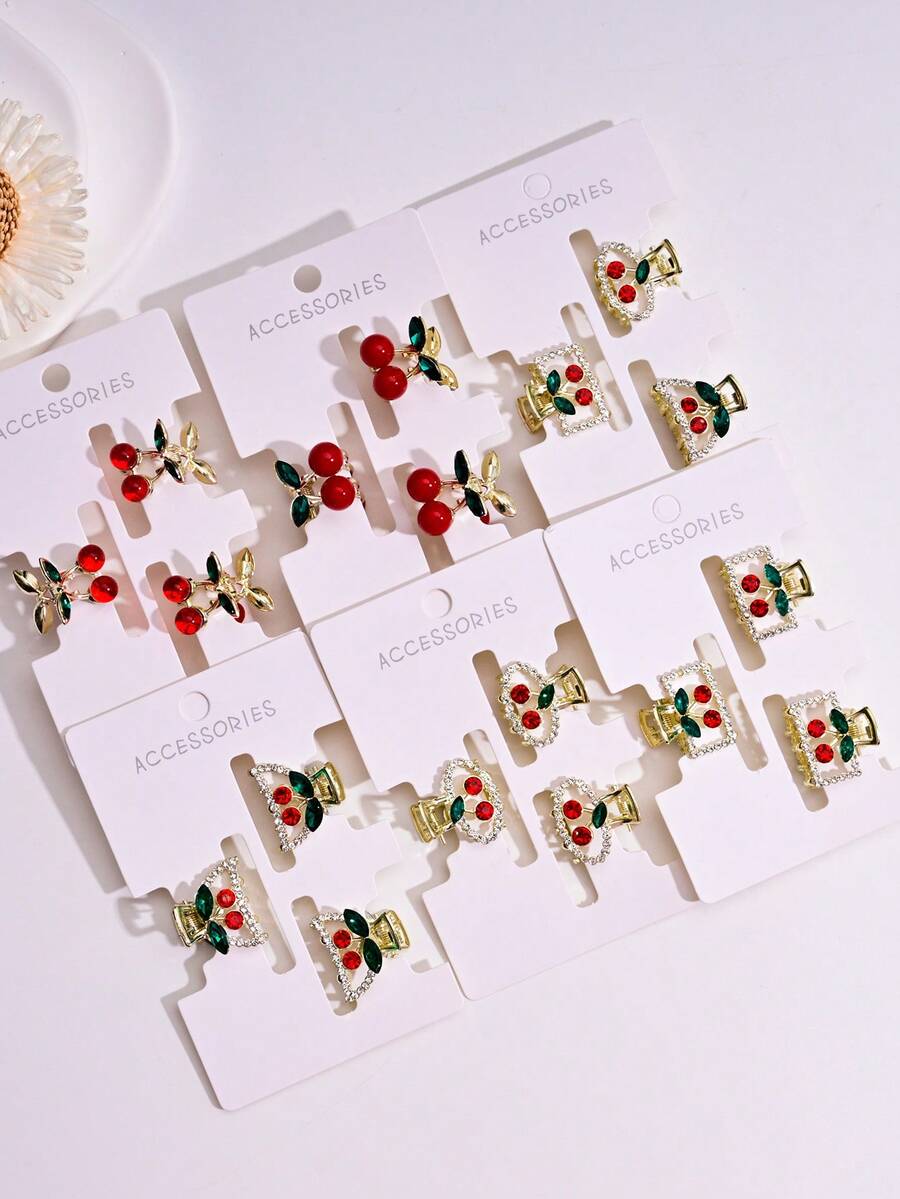 3 件波西米亚樱桃金属合金发夹套装，优雅精致的水钻樱桃闪亮方形矩形椭圆形发饰，适合女士，适合侧刘海、迷你发夹，四季旅行和度假美容爪夹 - 彩色 - 查看 1