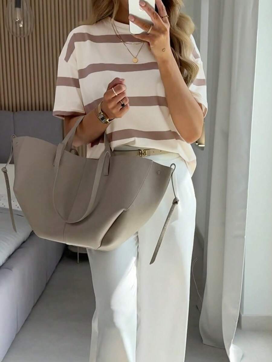 Korean Style Young Fashion Casual Loose Striped Short Sleeve Top, Summer/Early Spring