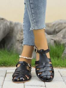 2025 New Retro Casual Flat Sandals, Breathable Woven Hollow Out Roman Shoes - Black - View 8