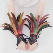 Women Lace Artificial Feather Gloves Witch Angel Costume Accessories Swan Wings Wrist Bands Halloween Accessories