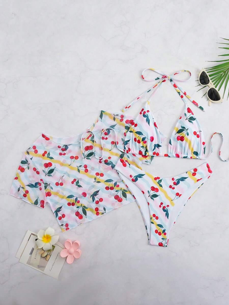 全花卉印花性感比基尼套装，休闲可爱优雅设计，带纽扣 - 白色 - 查看 1