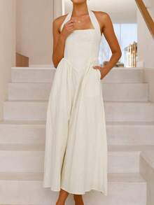 Unadoll 女式露背拉链褶裥休闲优雅连衣裙 - 非常适合海滩度假、约会、音乐节、圣诞节和返校场合。 - 杏色 - 查看 8