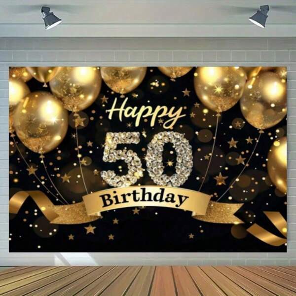 Gelukkige 50e verjaardag Feest Fotografie Achtergrond Glanzende Zwarte Gouden Ballon Achtergrond Glanzende 50e Verjaardag Fotopaviljoen Banner, Feesttas, Verjaardag Banner Banner Decoratie