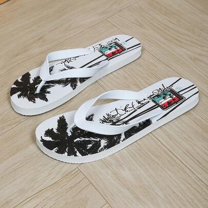 Men's Fashion Flip Flops With Coconut Tree & Letter Pattern, Beach, Party, Indoor & Outdoor, Summer