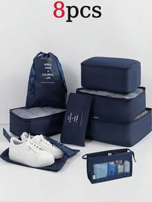 7 pièces Set d'organisateurs de voyage portables, fabriqués en tissu léger et résistant aux plis, incluant des cubes d'emballage pour vêtements, des sacs à chaussures transparents, une pochette pour cosmétiques, un sac de toilette, un sac à linge en maille, un design à compartiments efficace pour les valises et les rangements d'armoire à la maison - Multicolore - Voir 16