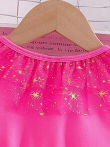 Toddler Girls' Tulle Dress - Star Print Sleeveless Pageant Gown With Belt  Wedding  Party Sparkle Trim - Hot Pink - View 7