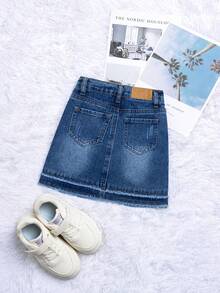 Young Girls Cute Denim Mini Skirt With Tassel Hem, Fashion Adjustable Elastic Waist, Lined - Medium Wash - View 3