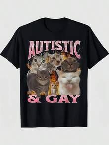 Men's Autistic & Gay Pride Humorous Cat Meme Graphic T-Shirt - Black With Pink Lettering & Playful Feline Design, Regular Fit Short Sleeve Casual Tee For Adults, Machine Washable, Cat Tshirt, Allseason Apparel, Bold Statement Shirt, Digital Heat Transfer, Everyday Outfit, Quirky Style, Comfortable Fit, Humor Enthusiastsvintage Shirts Graphic Tees Men Camisas Para Hombre Funny Shirts Fathers Dad Gift, 4th Of July Matching Outfits - màu đen - Xem 1