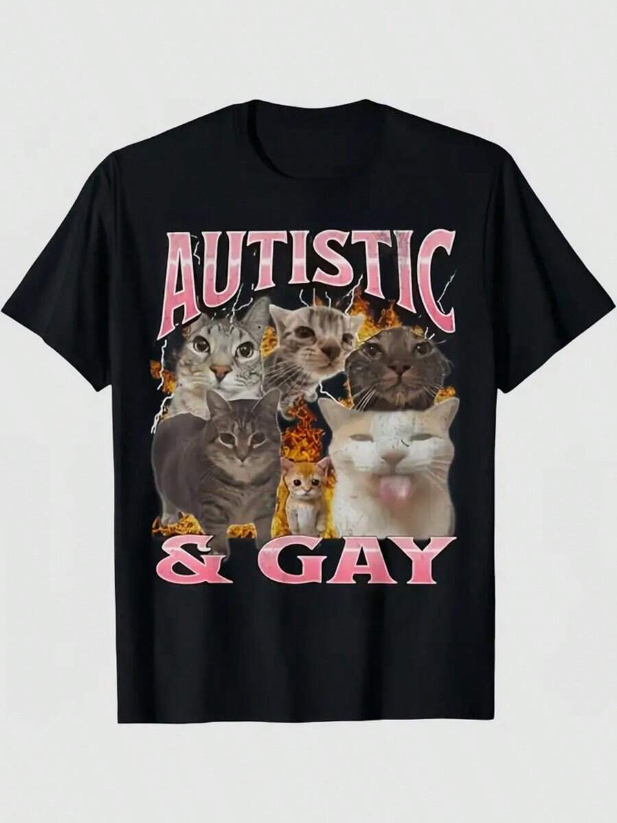 Men's Autistic & Gay Pride Humorous Cat Meme Graphic T-Shirt - Black With Pink Lettering & Playful Feline Design, Regular Fit Short Sleeve Casual Tee For Adults, Machine Washable, Cat Tshirt, Allseason Apparel, Bold Statement Shirt, Digital Heat Transfer, Everyday Outfit, Quirky Style, Comfortable Fit, Humor Enthusiastsvintage Shirts Graphic Tees Men Camisas Para Hombre Funny Shirts Fathers Dad Gift, 4th Of July Matching Outfits - màu đen - Xem 1