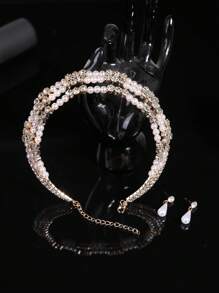 3 pièces Set de collier ras-du-cou et boucles d'oreilles à 3 rangs en zircone et perle, accessoire de robe de mariée, collier à gland