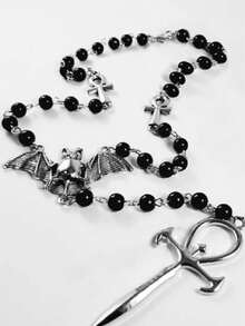 1pc Fashionable Personalized Metal Resin Multicolor Geometric Bat Cross Sword Beaded Pendant Necklace, Suitable For Party, Daily Wear, Halloween, Jewelry, Costume Accessories - Multicolor - View 15