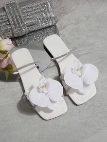 French 3D Flower Embellished Sandal, Elegant And Fashionable Casual Cute Fairy Commute Party Style, Made Of Polyester Fiber, With 3D Floral Decor, Suitable For Beach, Wedding, Office, Home, Outdoor, Summer, Blush Color - White - View 6