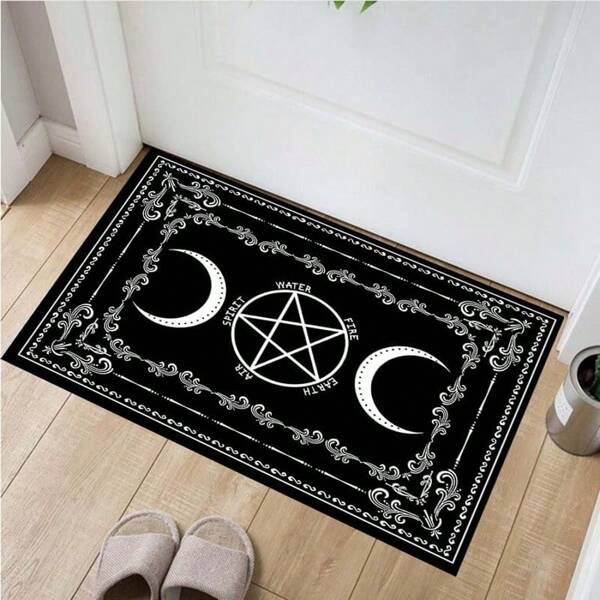 Large Star And Moon Area Rug A Non-Slip High-Quality Doormat Suitable For Living Room Or Bedroom Decoration Features A Black Design With White Crescent Moon And Star Patterns Made Of Machine-Washable Polyester This Decorative Home Decor Piece Falls Under The Category Of Mysterious Decor And Comes With A Non-Slip Backing Ideal As A Living Room Carpet Back To School