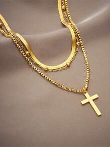 Set de 3 collares de mujer con colgante de cruz multicapa de moda, collar de cadena con cuentas de color dorado