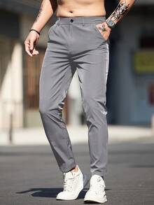 Men's Solid Color Pocket Casual Tapered Pants, For Commuting Daily - Light Grey - View 5