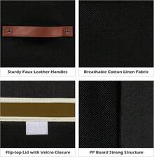 Storage Boxes With Lid Cotton Linen Fabric Storage Bins Organizer Container Decorative Collapsible Washable Shelf Baskets Faux Leather Handles For Home Bedroom Closet (Black, Small Size)