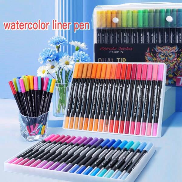 120 Colors Dual-Tip Watercolor Markers, PP Box, Color Pen Set, Student Painting Brush, Color Pens, Student Art Supplies, Dual-Tip For Painting, Permanent Sketch, Anime Design, Architecture Design, Art Design, Clothing Design, Interior Design, Mixed Color Markers Set, Art Supplies, Easter, Best Birthday Gift, Available In 12/24/30/36/48/60/72/80/100/120 Color Assortments