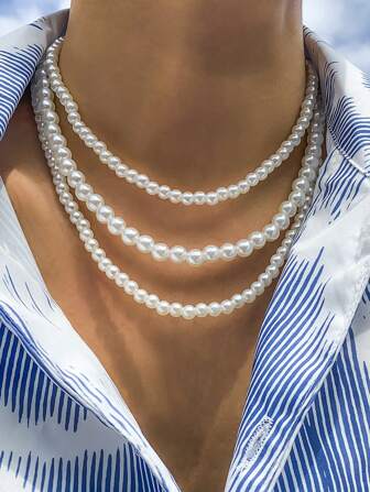 1pc 6mm/8mm/10mm Fashion Faux Pearl Handmade Beaded Necklace, Single Layer Unisex Pearl Necklace